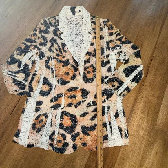 Leopard Lace Jacket Artsy Hippie Boho XL Sequins Animal Print Blazer Origami - Picture 8 of 16